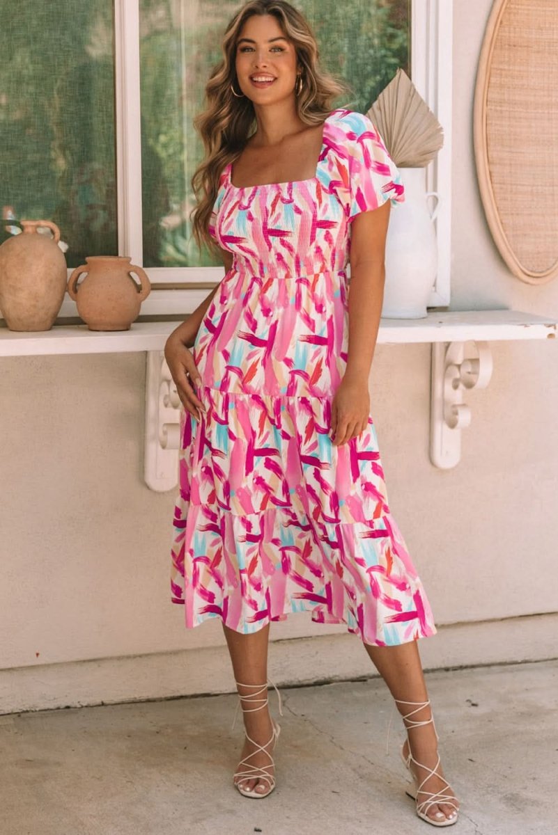 Pink Brush Stroke Printed Smocked Ruffle Tiered Dress - Love Salve
